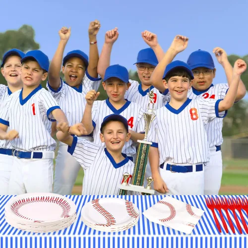 Vista 6 de WILDPARTY Juego de 96 piezas de suministros para fiesta de béisbol para 24 invitados, incluyendo platos de papel de béisbol, platos de postre