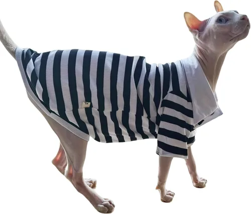 Vista 2 de Sphynx - Camisa de algodón sin pelo para gatito con mangas, pijama de gato para Sphynx Cornish Rex, Devon Rex, Peterbald (polo negro y blanco, S)