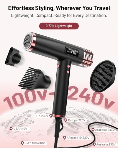 Vista 2 de MESCOMB Secador de pelo de viaje con difusor, 1875 W de doble voltaje iónico, secado rápido y control de encrespamiento para cabello grueso/rizado