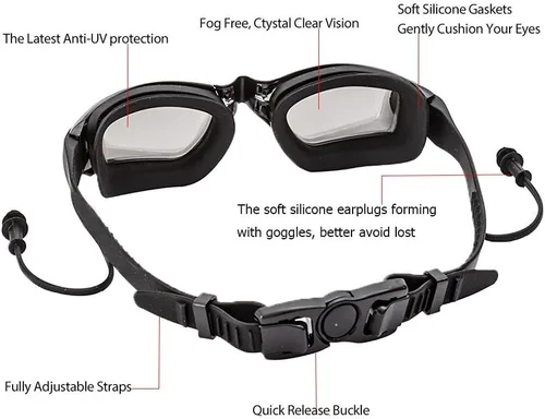 Vista 2 de Gafas de natación, gafas de natación negras para piscina, sin fugas, antivaho, protección UV para adultos, hombres, mujeres, jóvenes, niños, gafas