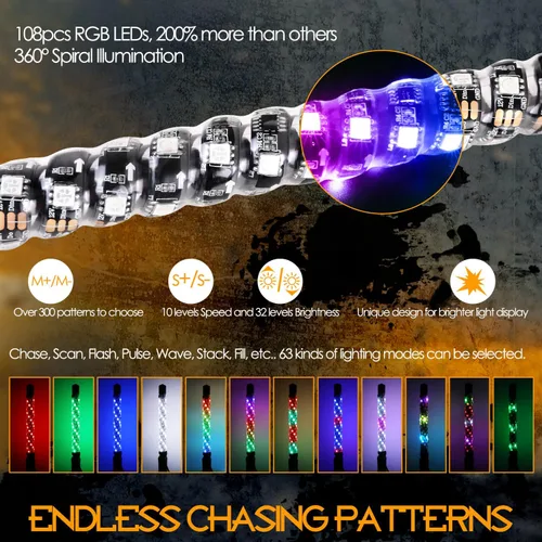 Vista 3 de Nirider 2PCS Luces LED Whip de 1 pie con Poste de Bandera Control Remoto Espiral RGB Luz de Persecución Todoterreno Antena Iluminada de Advertencia