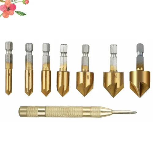 Vista 7 de VALICLUD 8pcs Countersink Drill Bit Set with Punch Cobalt Steel Woodworking Chamfer Tools for Deburring Cone Hole Cutting Rustproof High Hardness