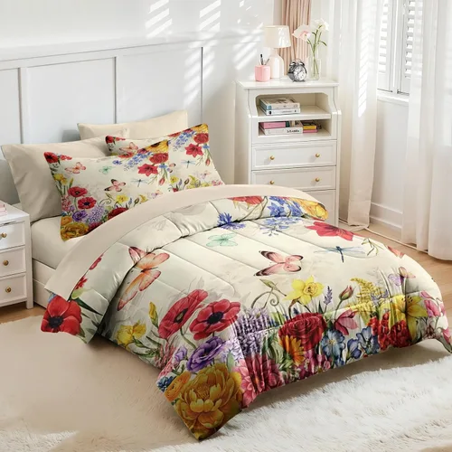 Vista 4 de Nesker Juego de edredón de primavera de 5 piezas, tamaño individual, juego de ropa de cama floral con mariposas para niños y adultos, juego