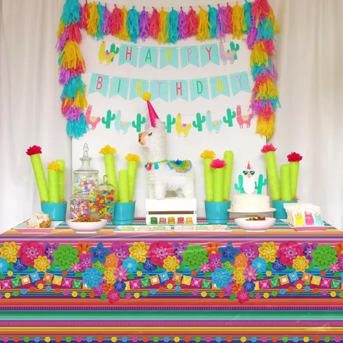 Vista 8 de Mantel de plástico para fiesta mexicana, 4 unidades, diseño de flores de papel a rayas mexicanas, decoración rectangular para fiesta de taco