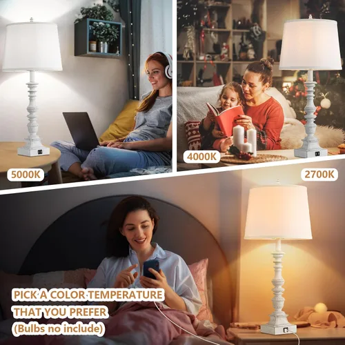 Vista 6 de Juego de 2 lámparas de mesa de granja de 27.5 pulgadas, lámparas rústicas de dormitorio para mesita de noche con carga USB doble, lámparas
