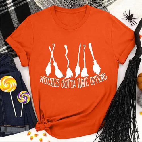 Vista 2 de Camisas de Halloween de manga corta con cuello redondo y estampado gráfico de escoba para mujer