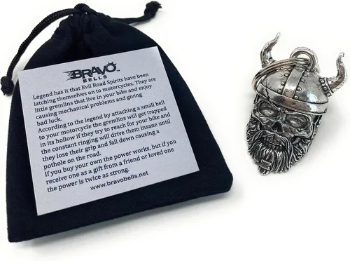 Vista 5 de Bravo Bells Viking Warrior Skull Bell - Accesorio de campana de motociclista o llavero para buena suerte en la carretera - Fabricado en los Estados