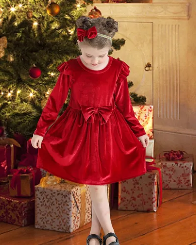 Vista 5 de Kucnuzki Vestido de terciopelo para niña pequeña, vestido de terciopelo sólido para niña, vestido de princesa casual para fiesta de otoño