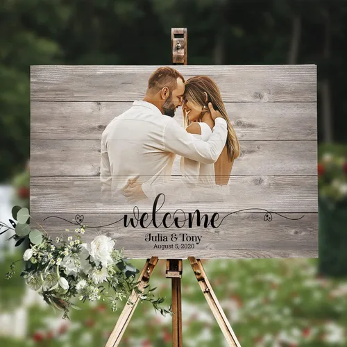 Vista 3 de Letrero de bienvenida de madera rústica Retrato personalizado de la foto Regalo de boda y decoración