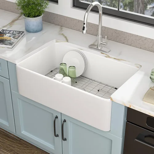 Vista 14 de Fregadero de barra blanco de 24"x18" para montaje bajo encimera - Arcilla refractaria de porcelana cerámica de alto brillo, montaje dual, un seno