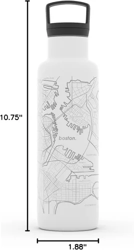 Vista 4 de Well Told Botella de agua aislada con mapa de Boston Massachusetts grabado, botella de acero inoxidable grabada (21 onzas, blanco) botella aislada
