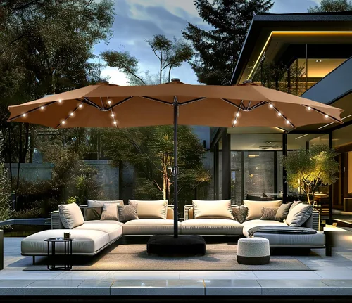 Vista 18 de PHI VILLA Sombrilla de patio grande de 15 pies con base y luces solares, paraguas rectangular de doble cara para exteriores con 36 luces LED, Beige