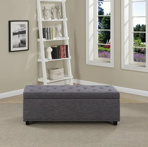 Vista 2 de Otomano rectangular de almacenamiento Simpli Home Hamilton, Madera, Gris pizarra Pizarra gris