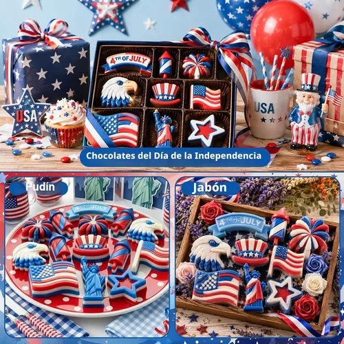 Vista 6 de Moldes de silicona para el 4 de julio, paquete de 2 moldes de chocolate para el Día de la Independencia, bandeja patriótica de silicona para dulces