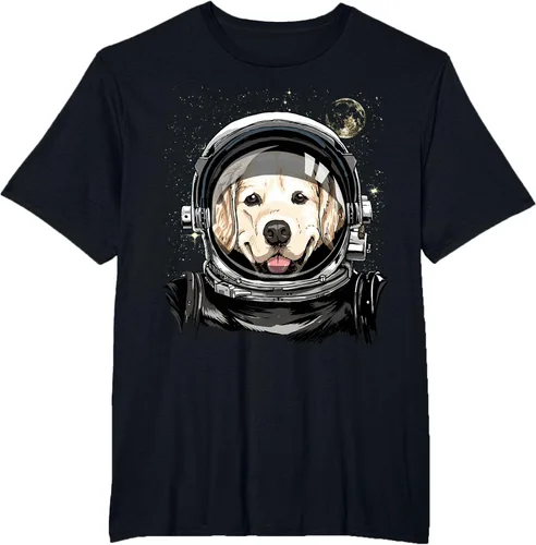 Vista 76 de Camiseta para amantes de los perros de los astronautas del espacio exterior Golden Retriever Lover, Negro