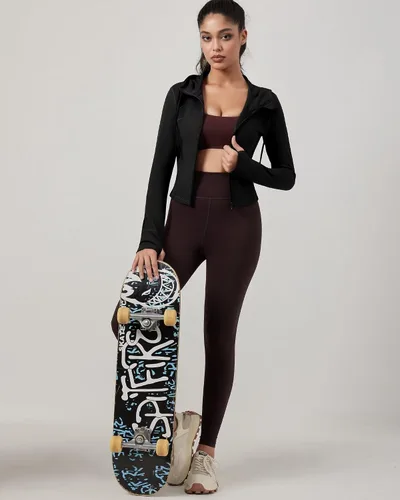 Vista 5 de QUEENIEKE Chaqueta de entrenamiento para mujer, con cremallera completa, sudadera con capucha para correr, ajustada, para yoga, recortada