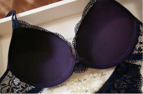Vista 4 de Conjunto de brasier push up de encaje sólido para mujer, albaricoque, azul marino