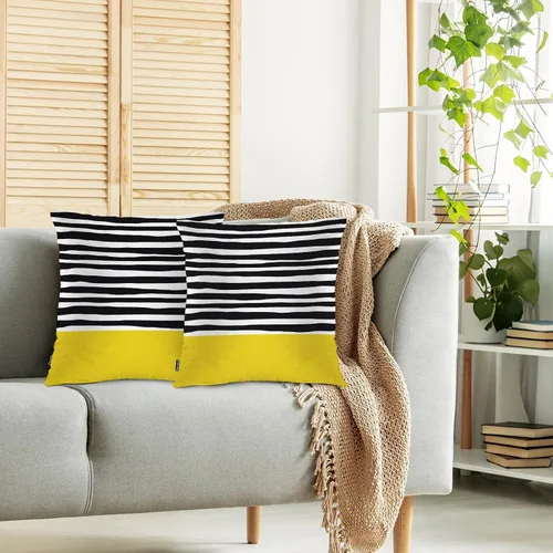 Vista 2 de Swono Juego de 2 fundas de almohada decorativas para el hogar de 18 x 18 pulgadas, diseño abstracto de color negro y amarillo, para sala de estar
