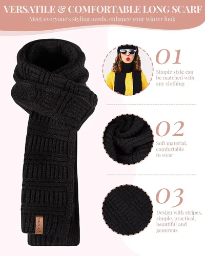 Vista 5 de Conjunto de guantes y bufanda de invierno para mujer, gorro de pompón con forro polar cálido, bufanda de punto larga, guantes para pantalla táctil