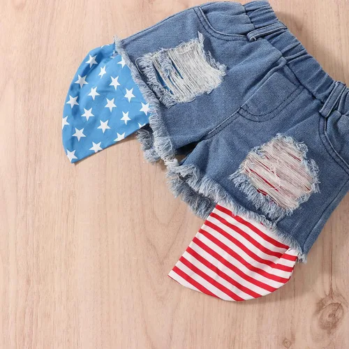 Vista 6 de 1-6Y Día de la Independencia Niños Niña 4 de Julio Bandera Americana Sin Espalda Top Halter Top+Pantalones Cortos Vaqueros Rasgados 4 de Julio