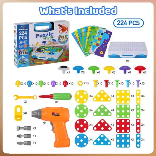 Vista 9 de 224 juguetes de construcción STEM para niños de 4 a 8 años, juego creativo de taladro de mosaico con taladro eléctrico y destornillador, kit