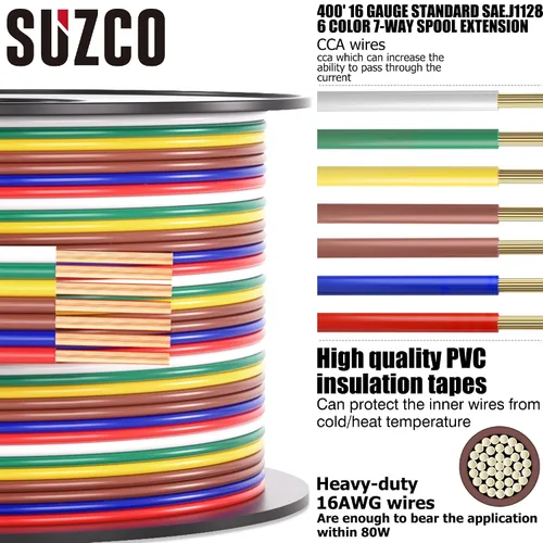 Vista 4 de SUZCO 400 pies suficientes 16AWG CCA【2 cables marrones】 6 cables con código de color 6 vías 7 cables enlazados para remolque de RV, caravanero