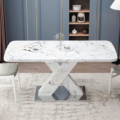 Vista 2 de Mesa de comedor de mármol blanco para 6, moderna mesa de comedor extensible con base en forma de X, mesa de comedor rectangular de mármol sintético