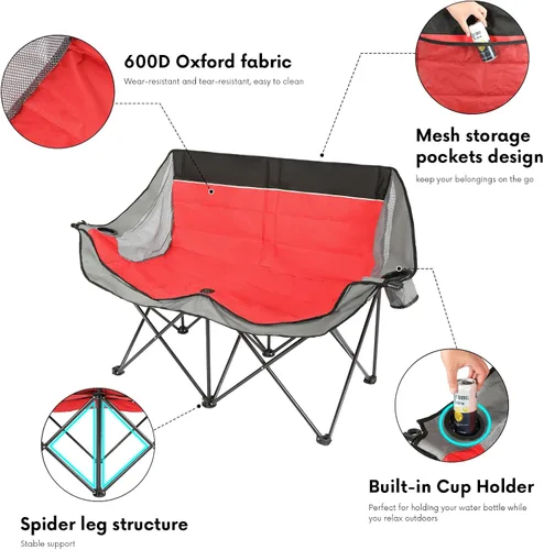 Vista 4 de Byliable Silla de campamento doble para exteriores, de 2 plazas, de gran tamaño, portátil, plegable, con portavasos y bolsillo de almacenamiento