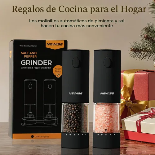 Vista 7 de Newise Juego de molinillo eléctrico de sal y pimienta, recargable con luz LED y ajuste de grosor externo, operación con una sola mano, regalos