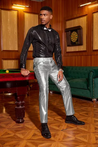 Vista 3 de COOFANDY Pantalones metálicos brillantes para hombre, pantalones de club nocturno, pantalones de discoteca de los años 70, 80, 90, pantalones