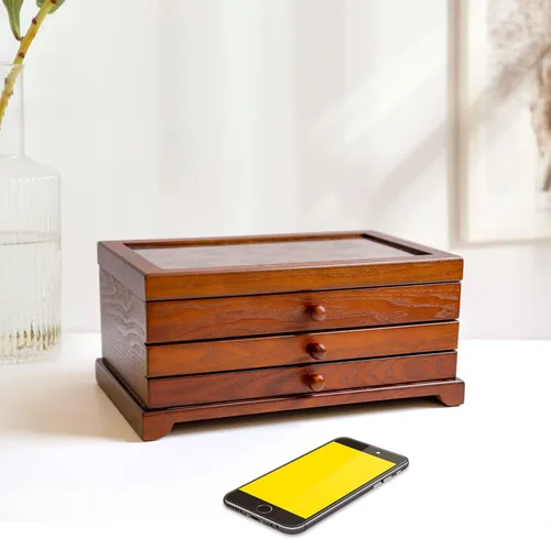 Vista 4 de Kendal Joyero de madera, joyero de 3 capas para mujer, organizador de joyas, estuche de almacenamiento de joyas de madera para collares, aretes
