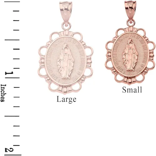 Vista 2 de Colgante de oro rosa macizo de 14 k con medalla milagrosa de la Santísima Virgen María (pequeño), Oro rosa