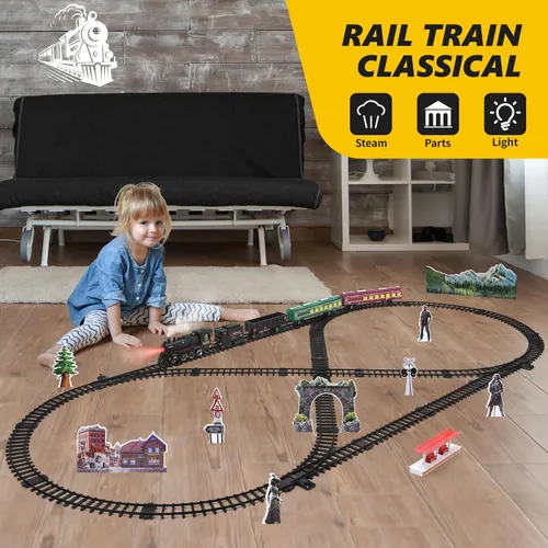Vista 8 de Juego de tren para niños, tren de locomotora de vapor con coche de carbón, vagón de pasajeros, coche de carga y pistas largas, kits de tren