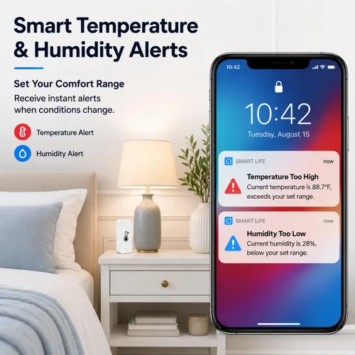 Vista 2 de Sensor de Temperatura y Humedad WiFi: Termómetro Higrómetro para Interiores con Alerta de Aplicación, Exportación Gratuita de Almacenamiento