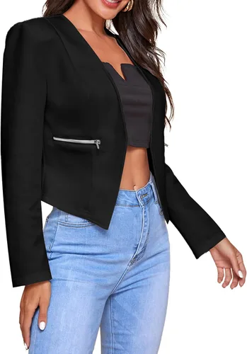 Vista 4 de LYANER Chaqueta de manga larga para mujer, con frente abierto, para trabajo, oficina, con bolsillos con cremallera