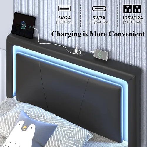 Vista 4 de Base de cama tamaño individual con 4 cajones de almacenamiento, luz LED, tapizado negro Platform Bed, Charging Station, Adjustable Headboard, PU