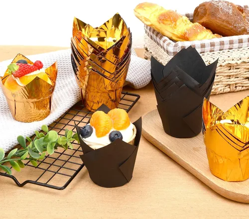 Vista 3 de Augshy - Revestimientos para magdalenas, 60 envoltorios de tulipanes negros y dorados para hornear Greaseproof Paper Muffin Wrappers Holders, Cake