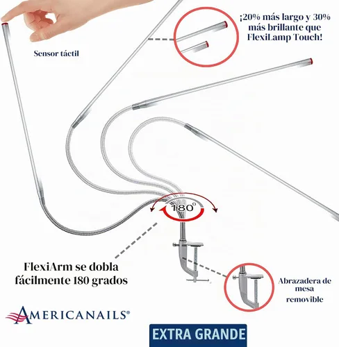 Vista 4 de Americanails FlexiLamp Touch XL - Lámpara LED de escritorio de mesa, abrazadera extraíble, iluminación ajustable para estaciones de uñas, luz