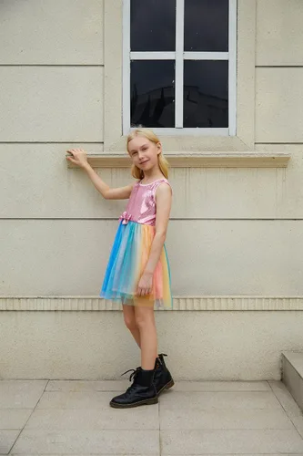 Vista 2 de JESKIDS Vestido de fiesta de lentejuelas brillantes para niñas, vestido de tul con volantes para niños, 4-13 años