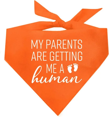 Vista 14 de My Parents are Getting Me A Human Dog Bandana Triángulo ajustable 100% algodón Fabricado en Estados Unidos Nuevo bebé Anuncio de embarazo