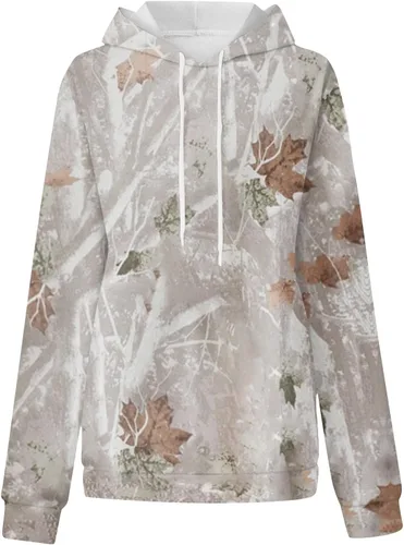 Vista 4 de Sudadera con capucha de camuflaje para mujer, con estampado de hojas de arce, sudadera de forro polar con capucha con bolsillo, suéteres clásicos