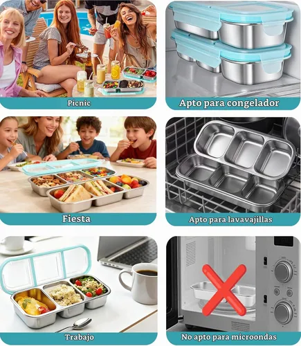 Vista 6 de Contenedores de almacenamiento de alimentos con tapa hermética, contenedores de aperitivos de acero inoxidable, caja de almuerzo de metal a prueba