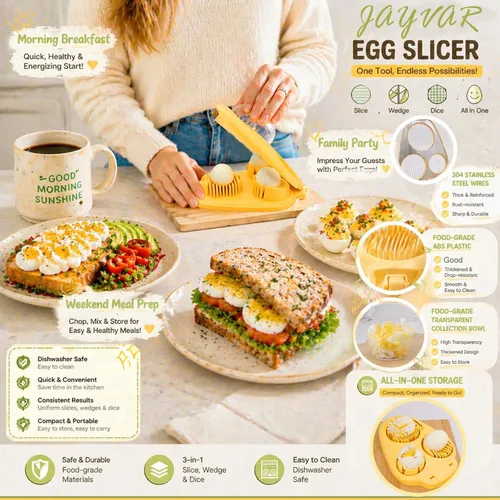 Vista 4 de JAYVAR Cortador de huevos para huevos duros con 3 modos de rebanada