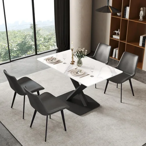 Vista 9 de Mesa de comedor moderna, mesa de comedor de piedra sinterizada blanca antigua con base de acero al carbono sólido en forma de X, mesa de comedor