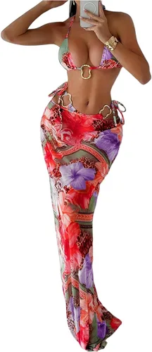 Vista 6 de WDIRARA Conjunto de bikini para mujer de 3 piezas, estampado floral halter con anillos, leopardo, traje de baño con falda de playa Varios