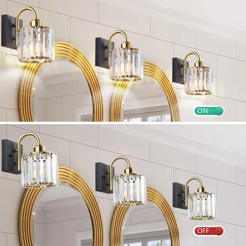 Vista 3 de Luz de tocador de baño dorada - Accesorio de luz de baño de cristal sobre espejo