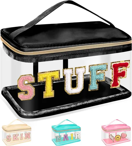 Vista 21 de izuzta Bolsas de maquillaje transparentes con letras de chenilla, bolsa de maquillaje de parche preppy con asa
