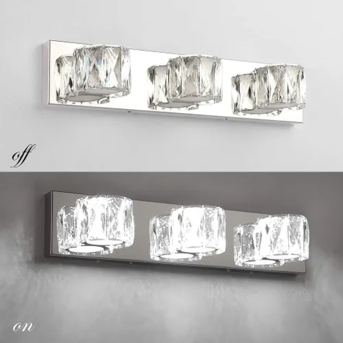 Vista 5 de Aipsun 3 luces de cristal para tocador sobre espejo, modernas luces LED para tocador de baño, accesorios de iluminación (luces blancas)