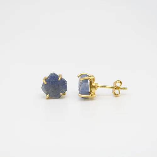 Vista 3 de Raw Blue Sapphire Gemstone Stud Earrings- Prong Setting- 14k Gold overlay on Sterling Silver- September Birthstone Birthday Gift Idea