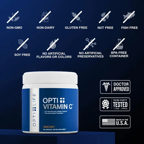Vista 3 de Opti+ Cápsulas de vitamina C de 1000 mg, fórmula de liberación temporal tamponada con escaramujos y acerola para apoyo inmunológico y antioxidante*